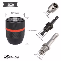4 PCS 1/2-20UNF 1.5-13mm Keyless Drill Chuck Hex Shank/SDS/Socket