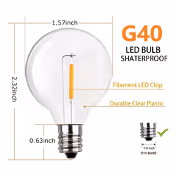 20Pcs G40 LED Light Bulbs E12 Screw Base for Solar String Lights Warm