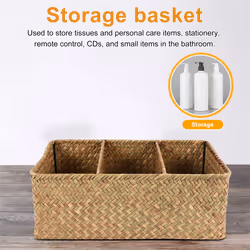 3-Section Wicker Baskets for Shelves, Seagrass Storage Baskets Large