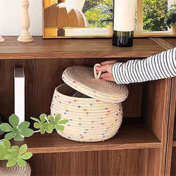 Small Rope Basket with Lid,Small Round Woven Storage Basket with Lid