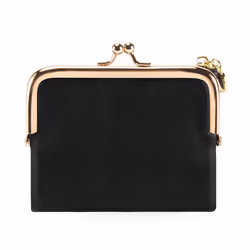 Women's Short Wallet Bifold Coin Purse with Zip and Kiss Lock Black