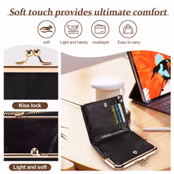 Women's Short Wallet Bifold Coin Purse with Zip and Kiss Lock Black