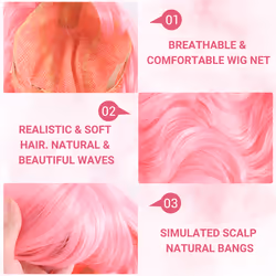 Pink Wig with Bangs Long Wavy Wig Full Heat Wig