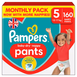 Pampers Baby-Dry Nappy Pants, Size 5 12 - 17kg 160 Nappies, MONTHLY SAVING PACK, Stop and Protect Pocket for Leak Free Protec ...