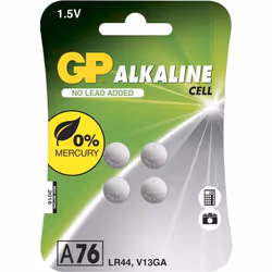 GP Batteries Alkaline Cell A76/LR44. Battery size(s): LR44. Battery technology: Alkaline. Battery voltage: 1.5 V. Package wid ...