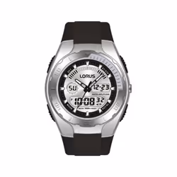 Lorus Men's Alarm Chrono EL Dual Time Watch 100 Mtr WR Black Pu Strap R2389GX9