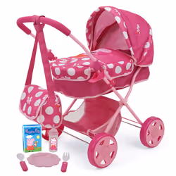 Peppa Pig: Baby Classic Doll Pram Set - Pink & White Dots - 7 Piece Set  Fits Dolls Up to 18""  Retractable Canopy  Storage B ...