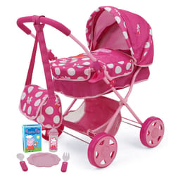Peppa Pig: Baby Classic Doll Pram Set - Pink & White Dots - 7 Piece Set  Fits Dolls Up to 18""  Retractable Canopy  Storage Basket  Diaper Bag & 5 Fee