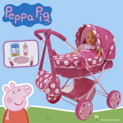 Peppa Pig: Baby Classic Doll Pram Set - Pink & White Dots - 7 Piece Set  Fits Dolls Up to 18""  Retractable Canopy  Storage Basket  Diaper Bag & 5 Fee