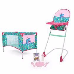 Baby Alive: at Home Set - 7pcs - Green Pink Hearts - Play Yard Highchair Feeding Accessories Playset for Dolls Up to 18" ...
