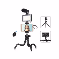 PULUZ 4 in 1 Vlogging Live Mini Octopus Bracket Kit + Studio Light + Microphone + Phone Clamp Kits(Black)