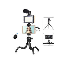 PULUZ  4 in 1 Vlogging Live Mini Octopus Bracket Kit + Studio Light + Microphone + Phone Clamp Kits(Black)
