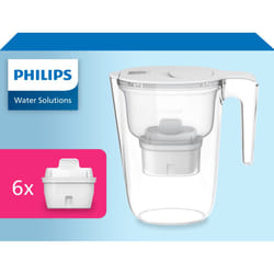 Philips Water carafe filtrante Philips +6 cartouches filtrantes de Remplacement Micro X-clean, dAbit Rapide, Blanc, 2,6 litres, minuterie Alectroniqu