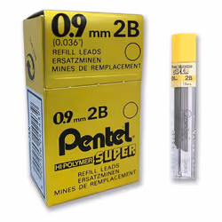 Pentel Super Hi-Polymer Leads, 0.9mm, Grade 2B, 1 tube of 15 leads
