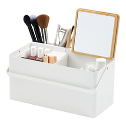 YAMAZAKI Home Tower Large Makeup Organizer Cosmetic Caddy with Handle Vanity Storage Drawer with Lid - Steel + Wood - White