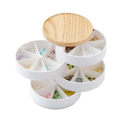Yamazaki Home Sectioned Jewelry Organizer Nail Art Supplies Earring Accessories Storage Holder Rotating Display with Removable Trays | Plastic + Wood