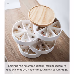 Yamazaki Home Sectioned Jewelry Organizer Nail Art Supplies Earring Accessories Storage Holder Rotating Display with Removable Trays | Plastic + Wood