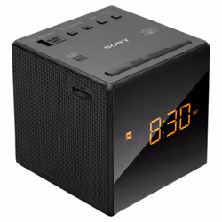 Sony FM/AM Modern Small Cube Clock Radio with Alarm and Snooze - Black, ICF-C1