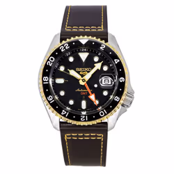 Seiko 5 Sports SKX GMT Leather Strap Black Dial Automatic SSK036K1 100M Men's Watch