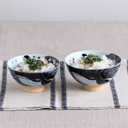 Minoru Touki White Wave Whale Blue Ceramic Rice Bowl Small f4.72?H2.4in 5.64oz Made in Japan