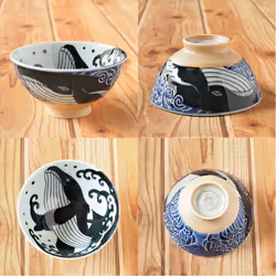 Minoru Touki White Wave Whale Blue Ceramic Rice Bowl Small f4.72?H2.4in 5.64oz Made in Japan