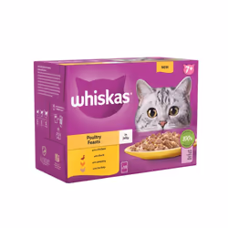 Whiskas 7+ Poultry Feasts Senior Wet Cat Food Pouches in Jelly 12 x 85g (Pack of 4)