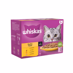 Whiskas 1+ Poultry Feasts Adult Wet Cat Food Pouches in Gravy 12 x 85g (Pack of 4)