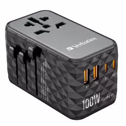 Verbatim UTA-06 100W GaN III Universal Travel Adapter with 2 x USB-C PD & QC 4+ & 2 x USB-A QC 3.0 ports, Indoor, Black