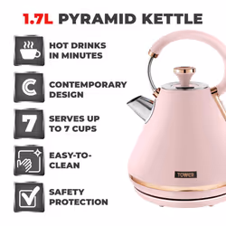 T10044PNK Cavaletto 1.7 Litre Pyramid Kettle with Rapid Boil, Marshmallow Pink and Rose Gold & T20036PNK Cavaletto 2-Slice Toaster with Defrost/Reheat