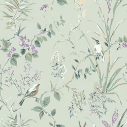 Mariko Bird Floral Wallpaper Green Crown M1552
