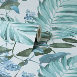 Eden Tropical Grey Wallpaper Crown Textured Green Blue Jungle