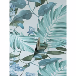 Eden Tropical Grey Wallpaper Crown Textured Green Blue Jungle