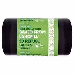 - Bin Bags, 75 Litre, 20 Tie Handle Black Bin Liners Refuse Sacks, 100% Recycled Plastic, Everyday Use, Household, Office & K ...