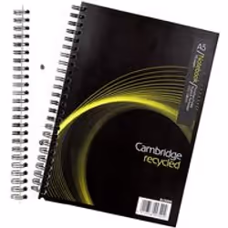 Cambridge Recycled A5 Wirebound Notebook 100 Page. 70gsm 100% recycled paper. Lightweight. slim soft back covers. Strong twin ...