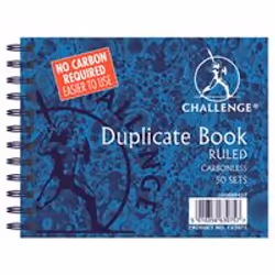 Challenge wirebound carbonless duplicate book. Ruled feint. 50 numbered sets. Perforated top copy for easy removal. indexed f ...