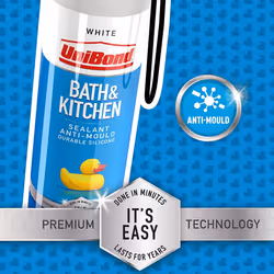 UniBond Bath & Kitchen Sealant, Mould Resistant White Silicone Sealant Ideal for Showers, Toilets, Tiles, Worktops & More, Durable & Waterproof, Easy