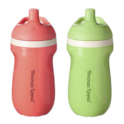 Tommee Tippee Insulated Sporty Bottle  9oz  No Spill Toddler Water Bottle For 12 months +  Two-Piece Valve Helps Stop Spills  Pack of 2  Green and Red