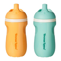 Tommee Tippee Insulated Sporty Bottle  9oz  No Spill Toddler Water Bottle For 12 months +  Two-Piece Valve Helps Stop Spills  Pack of 2  Light Blue an