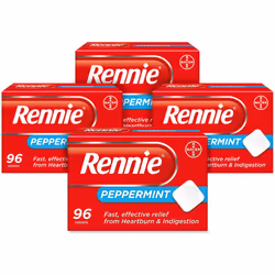 Rennie Antacids, Peppermint Flavour Heartburn Relief and Indigestion Tablets, Fast and Effective Relief for Acid Reflux, 4 Pa ...