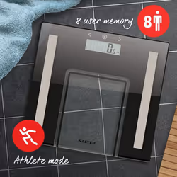 Salter Glass Analyser Bathroom Scales â Measure Weight + Body Fat, Water Percentage, BMI, 8 User Memory & Athlete Mode, Sleek Design, Easy Read