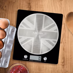 1036 UJBKDR Electronic Kitchen Scale - Digital Weigh Scale, Union Jack Design Spun Stainless Steel Disc Platform, LCD
