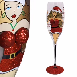 Christmas Booby Glass Champagne Flute with Red Glitter - Blonde Girl