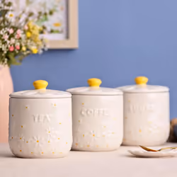 Daisy Tea Jar Ceramic Hand Painted Flower Embossed White Kitchen Storage 700ml