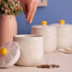 Daisy Tea Jar Ceramic Hand Painted Flower Embossed White Kitchen Storage 700ml