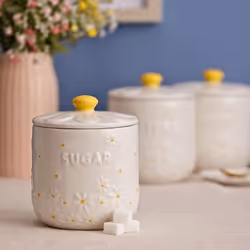 Daisy Sugar Jar Ceramic Hand Painted Flower Embossed White Round Storage 700ml
