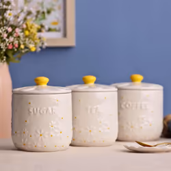 Daisy Sugar Jar Ceramic Hand Painted Flower Embossed White Round Storage 700ml