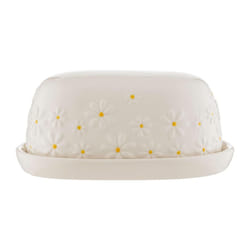 Daisy Butter Dish Ceramic Hand Painted Flower Embossed White Cheese Storage