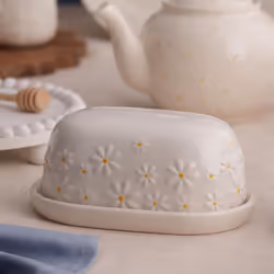 Daisy Butter Dish Ceramic Hand Painted Flower Embossed White Cheese Storage