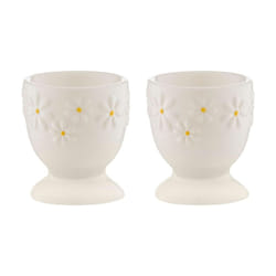 Daisy Egg Cup Holder Set Of 2 Ceramic Hand Painted Flower Embossed White Kitchen