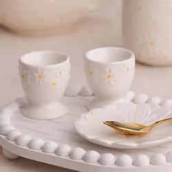 Daisy Egg Cup Holder Set Of 2 Ceramic Hand Painted Flower Embossed White Kitchen